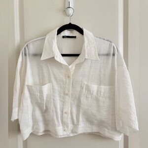 Zara White Button-Up Cropped Shirt L